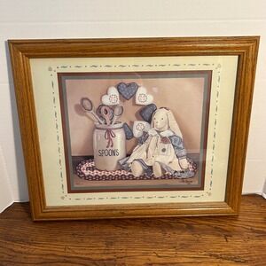 Vintage Pat Pearson 1990 Country Bunny Spoons Framed Art 15.5x12.5 Oak Frame